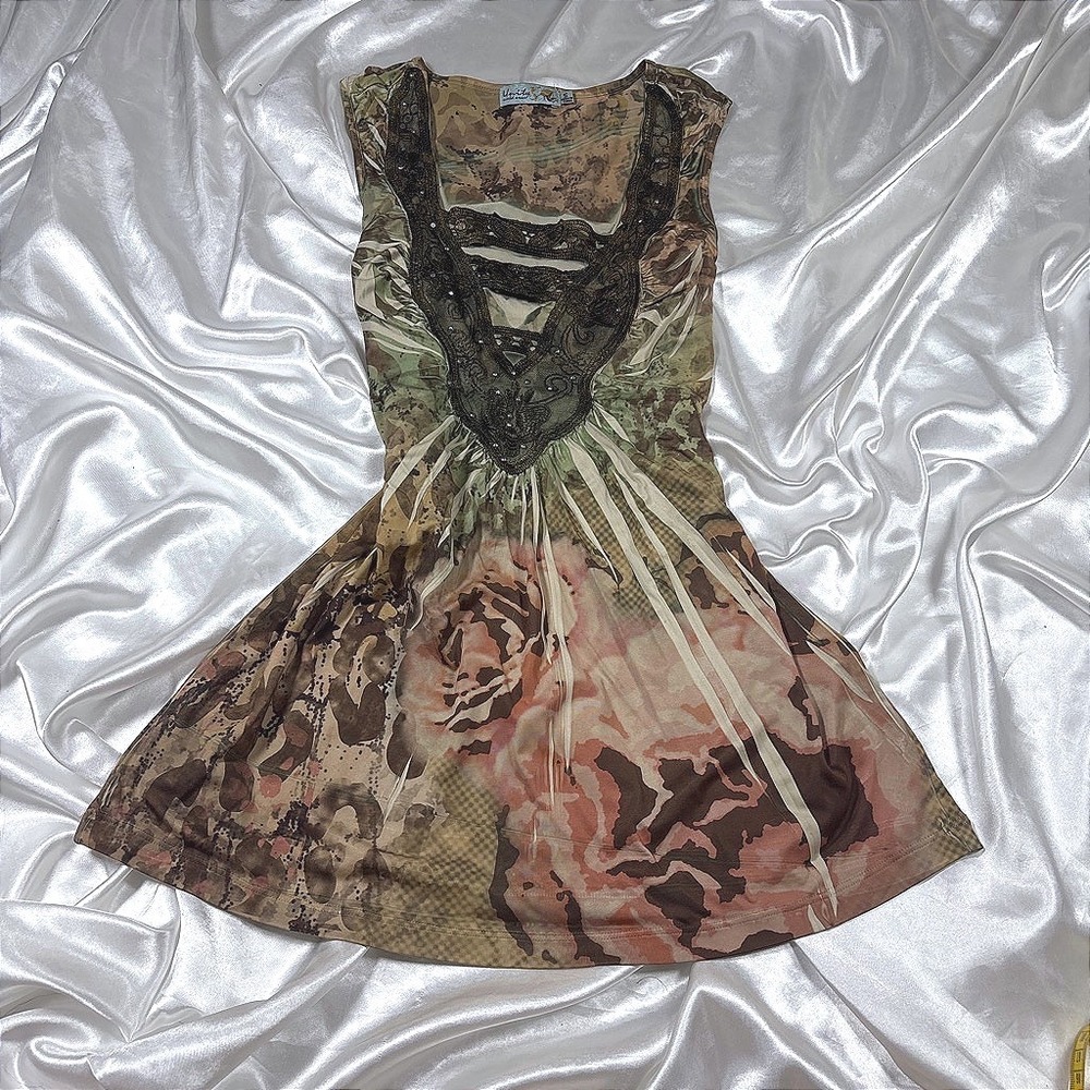 y2k Sleeveless Top Brown Excellent Floral Leopard Lace Rhinestone Unity S